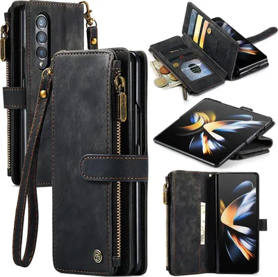 Produktbild von Galaxy Z Fold4 Handyhülle, Reißverschluss Hülle Kunstleder Klapphülle Magnetverschluss Kartenfach Standfunktion Geldbörse Schutzhülle für Samsung Galaxy Z Fold 4 5G Schwarz