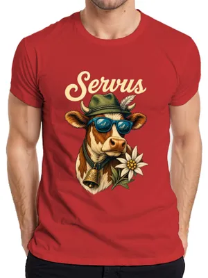 Obrázok produktu pre Slnečné okuliare Servus Kuh Edelweiß, bavorský štýl, tradičný outfit, kožené nohavice, blúzka Dirndl, pánske tričko, červená farba, veľkosť M
