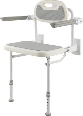 Obrázek produktu pro SucceBuy Sklopná sprchová židle pro montáž na zeď (58 x 48 x 75 cm), nástěnná židle s opěrkou zad, područkami a výškově nastavitelnými nohami, sprchová židle (nosnost do 150 kg) pro dospělé a seniory, vhodná do koupelny a chodby