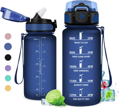 Image de Bouteille d'eau pour enfants avec paille, 500 ml, avec indicateur de temps, idéale pour l'école et le sport
