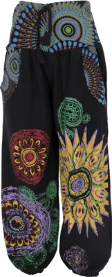 Produktbild von Weite Pluderhose mit Breitem Bund, Boho Druck - Schwarz, Damen, Baumwolle, Größe: S/M