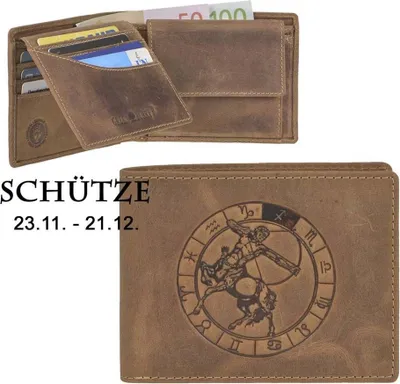 Produktbild von Greenburry Geldbörse Herren Leder braun antik Vintage mit Sternzeichen Motiv SCHÜTZE Prägung Portemonnaie 12,5 x 9,5cm