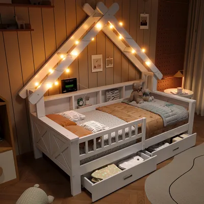 A child's bed with a house-shaped frame and decorative lights, set in a bedroom.