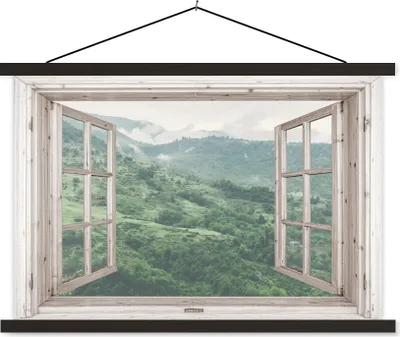 Produktbild von MuchoWow® Textilposter Aussicht - Berg - Holz 60x40 cm mit schwarzem Rahmen - Hölzernes