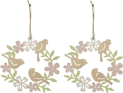 Produktbild von Fensterhänger Vogel Blüten Kranz rosa/grün 2erSet Frühling Hänger Ø19cm Deko