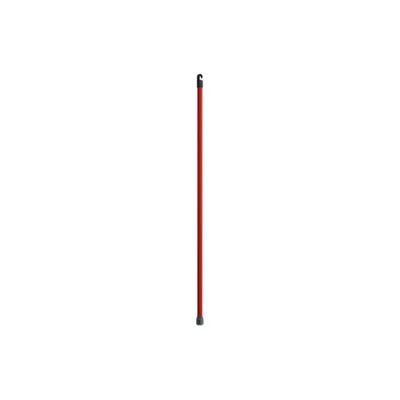 A red broom or mop handle with a black hook at the top and a gray cap at the bottom, isolated on a white background.