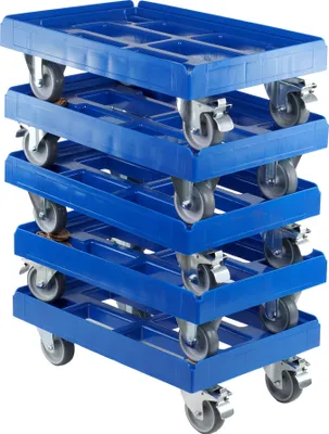 Produktbild von 5 Stück Transportroller 600 x 400 mm mit 2 Bock- und 2 Bremsrollen in Blau