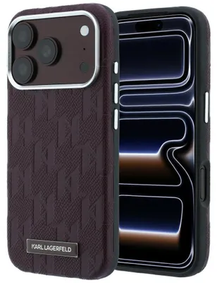 Immagine prodotto di Custodia per iPhone 18 Pro / 17 Pro, Karl Lagerfeld, logo in resina effetto texture, compatibile con MagSafe, colore bordeaux
