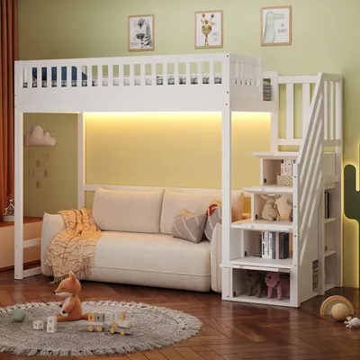 Obrázek produktu pro Postel na vyvýšení 90x200 cm, s LED osvětlením, se stolem, s úložným prostorem, s žebříkem. Barva: bílá