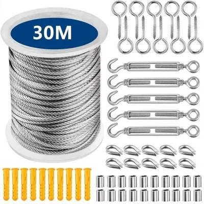 Produktbild von Stahlseil Set - 30 m - 2 mm - Edelstahlseil mit Haken und Schraubösen - Befestigungsseil für Zeltleinen, Wäscheleinen, Außenbeleuchtung und Garten