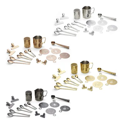 Produktbild von Echtwerk  Kaffeezubehör-Set, 23-tlg, Milchschaumkännchen 600 ml, Kakaostreuer, 4x Espresso-, 4x Cappuccino-, 4x Latte Macchiato-Löffel, 4x Kaffeeclips, 4x Kaffeeschablonen, Kaffeemesslöffel, Silber, Farbe:Kupfer