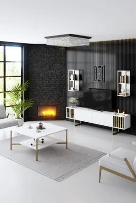 Produktbild von Skye Decor, Gold Line - White, Gold, Wohnzimmermöbel-Set, Weiß, 100 % MELAMINBESCHICHTETE SPANPLATTEN, 180 x 30 x 48 cm