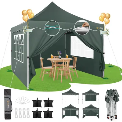 Image de Pavillon d'extérieur 3x3 mètres, imperméable, stable, de couleur grise, avec 4 parois et résistant aux intempéries, hauteur 310 cm