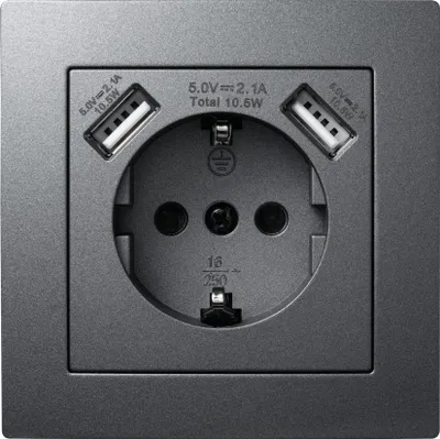Obrázok produktu pre Zásuvka s uzemňovacím kontaktom a 2x USB McPower ''Flair'', 250V, 5V/2,1A, zapustená, antracitová