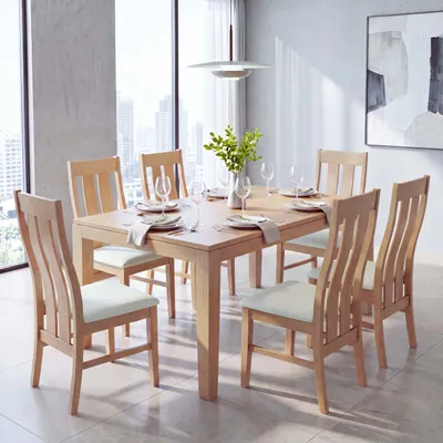 Produktbild von 6er-Set Esszimmerstuhl HWC-M58, Küchenstuhl Lehnstuhl Stuhl, Stoff/Textil Massiv-Holz helles Gestell, creme