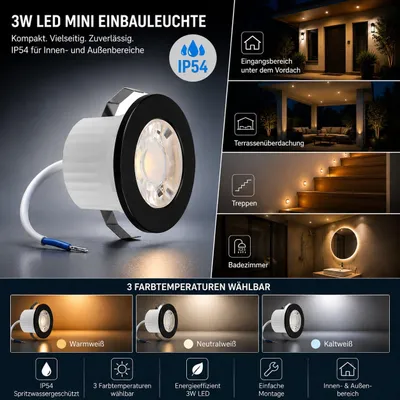 Produktbild von 3w Mini LED Einbauleuchte Einbaustrahler Einbauspot Spot Schwarz 6500K Kaltweiß 240 Lumen Schutzart IP54