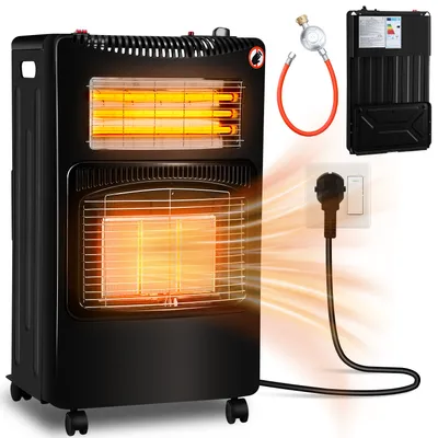 Zdjęcie produktu dla Ogrzewacz gazowy do użytku wewnętrznego, moc 4200 W, piec gazowy do pomieszczeń, w zestawie wąż i reduktor ciśnienia, grzejnik ceramiczny z promiennikami podczerwieni, możliwość zasilania butanem lub propanem (butle do 15 kg), opcja rozbudowy o zasilanie elektryczne