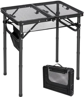 Zdjęcie produktu dla Uniqoos® Składany, lekki stół kempingowy, 60 x 40 cm – rama aluminiowa, regulowana wysokość: 26,5/41,5/67,5 cm, blat z siatki, kompaktowy po złożeniu: 40 x 6,6 x 30 cm