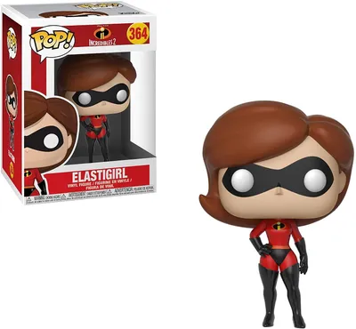 A Funko Pop! vinyl figure of Elastigirl from Incredibles 2, shown both in its packaging and outside of it.