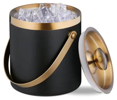Immagine prodotto di TRANKIELO® - Secchiello per il ghiaccio in acciaio inossidabile a doppia parete – Con coperchio e maniglia – 1,5 litri – Nero/oro