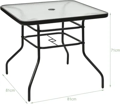 Produktbild von GOPLUS Quadratisch Glastisch, Beistelltisch mit Schirmloch, Eisenbeinen & Tischplatte aus gehärtetem Glas, Eignet Sich als Bistrotisch & Gartentisch
