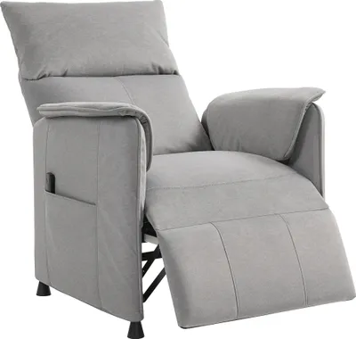 A light gray recliner chair is shown from a side-angle, with its footrest extended.
