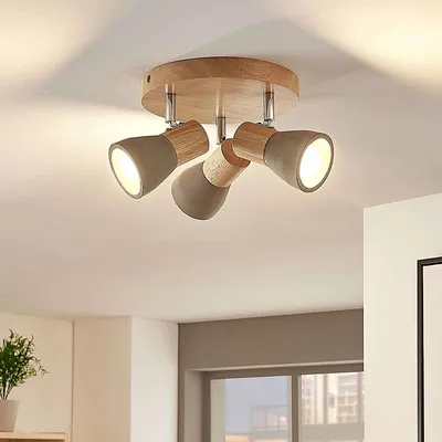 Produktbild von Lindby - Landhaus I Vintage I Rustikal Landelijke plafondlamp hout met beton rond 3-flammig-lichts incl. LED - Filiz I Wohnzimmer I Schlafzimmer - Holz Rund - LED geeignet E14
