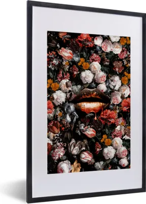 Produktbild von MuchoWow® Gerahmtes Poster Lippen - Blumen - Farbe - Orange - Kunst - Abstrakt - Alte Meister 40x60 cm - Poster mit Schwarzem Bilderrahmen Wandposter Rahmen Foto Bilder - Poster in Rahmen