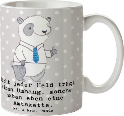 Produktbild von Mr. & Mrs. Panda Becher Bürgermeister Held - Grau Pastell - Geschenk, Bedruckte Tasse, Berufsalltag, Beruf, Stadtentwicklung, Kaffeetasse, Kaffeebecher, Berufe, Führung
