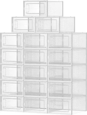 Productafbeelding van Famanu Schoenenboxen set - 18 stuks, inklapbaar en stapelbaar - transparant wit - maat 42 - opbergboxen