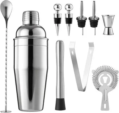 Productafbeelding van Unyqoos® Cocktailshaker-set van roestvrij staal (750 ml), bestaande uit 10 delen, geschikt voor thuis, bar en feestjes – inclusief zeef, 2 schenktuiten, barlepel, stamper, ijslepel en 2 flessenstop