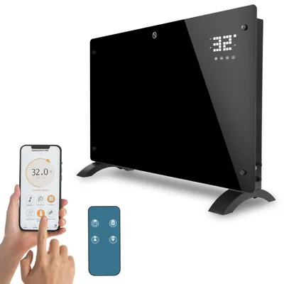 Zdjęcie produktu dla Grzejnik elektryczny Peviasot, 2500W, czarny, konwektor szklany, sterowanie Wi-Fi przez aplikację, termostat 5–50°C, timer 24h, grzejnik ścienny i stojący na kółkach