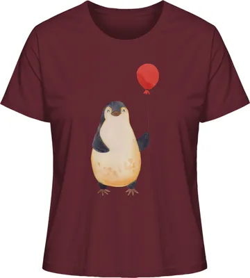 Produktbild von Mr. & Mrs. Panda Damenshirt Pinguin Luftballon Größe L - Burgundy - Geschenk, Damen T-Shirt, Motivation, Liebe, Shirt, Basic, Jahrmarkt, Kurzarmshirt, Oberteil, Kirmes