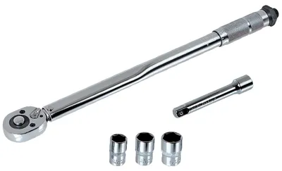 Produktbild von WALTER Drehmomentschlüssel-Satz 1/2" – Präzises Drehmoment 60-210 Nm, inkl. 3-tlg. Steckschlüssel-Set & Verlängerung, robuste Ausführung, einfache Handhabung mit Auswurftaste, hohe Auslösegenauigkeit