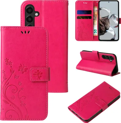 A collage of images showing a pink floral and butterfly patterned flip phone case from different angles, including one showing cards and cash inside.