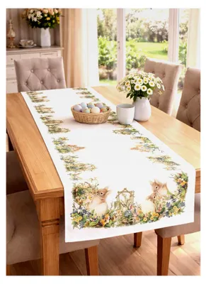 Produktbild von Nostalgischer Tischläufer Ostern – 40x140 cm – Motiv Hasen, Ostereier & Blumen – Waschbarer Tischläufer für Küche & Wohnzimmer