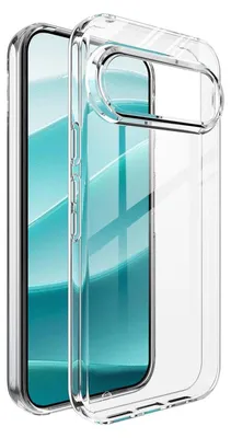 A clear phone case is shown from a diagonal angle, with a phone inside it.