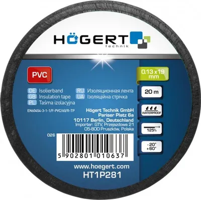 Produktbild von Högert Technik - PVC Isolierband schwarz 20 m für Elektroinstallation, Kabelisolierung, Reparaturband, wasserdicht, flexibel, selbstverlöschend, 19 mm Breite