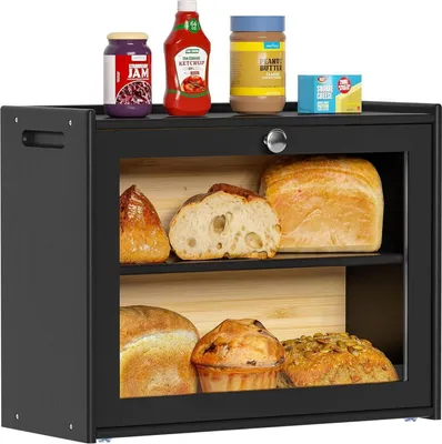 Produktbild von Brotkasten Bambus Brotaufbewahrungsbox Belüftung 2 Regale Großes Sichtfenster HX-10336