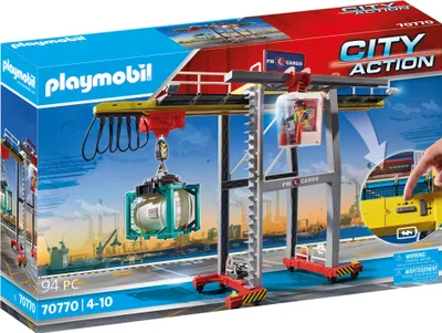 The image shows the packaging of a Playmobil City Action port crane toy set, with a depiction of the toy in action.