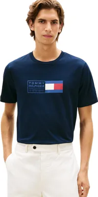 Immagine prodotto di Maglietta a maniche corte da uomo Tommy Hilfiger, con scritta "Brand Love" e motivo a scatola, in cotone, colore blu