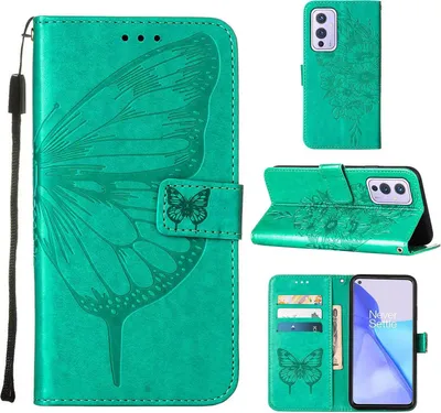 Image de OnePlus 9 Case, Butterfly Relief Flip Leather Case with Card Slots and Stand for OnePlus 9 Green