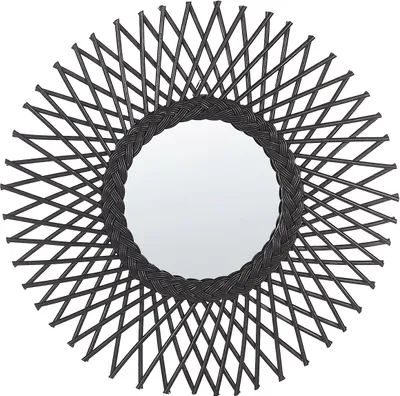 Produktbild von BELIANI Wandspiegel Schwarz Rattan 60 cm Rund Sonnenform Geflecht Zopfmuster Handgefertigt Boho für Schlafzimmer Wohnzimmer Flur