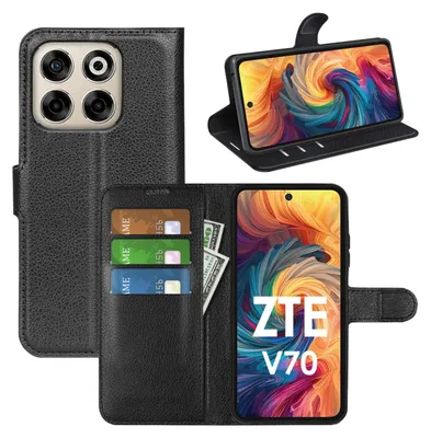 A collage of images showing a black flip wallet case for a ZTE Blade V70 phone, with the phone inserted and displaying a colorful abstract wallpaper. The case is shown open and closed, with slots for cards and cash visible.