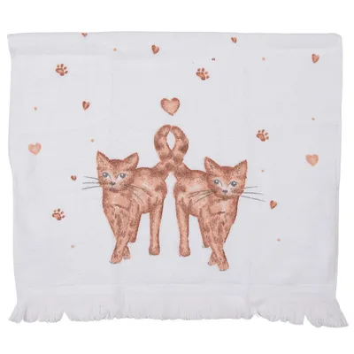 Produktbild von Clayre & Eef Gästehandtuch 40x66 cm Weiß Braun Baumwolle Katzen