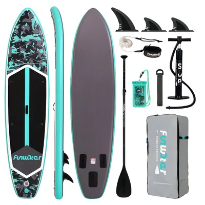 Obrázek produktu pro Nafukovací SUP deska Funwater 350 × 84 × 15 cm, tyrkysovo-šedý kamuflážní vzor, vysoká stabilita, nosnost 205 kg, 3 ploutve, kompletní sada pro vodní sporty