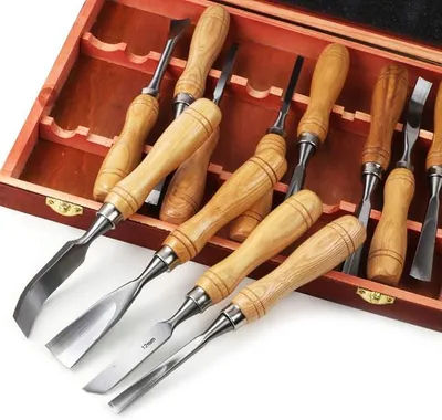 Imagen del producto de Juego de herramientas para tallado de madera, cuchillo para tallado, herramientas para escultura en madera, cinceles para tallado de madera, acero cromo-vanadio, herramientas para trabajar la madera, cinceles de puntera, herramientas manuales para manualidades en madera, juego de 12 piezas