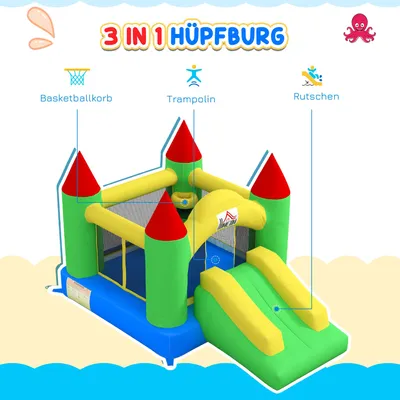 Produktbild von Hüpfburg mit Rutsche & Sicherheitsnetz, Kinderhüpfburg bis 100 kg, 300x180x160 cm, 3-10 Jahre