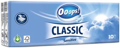 Imagen del producto de Pañuelos de papel, de 3 capas, 10 cajas de 10 unidades, "Ooops! Classic", para pieles sensibles