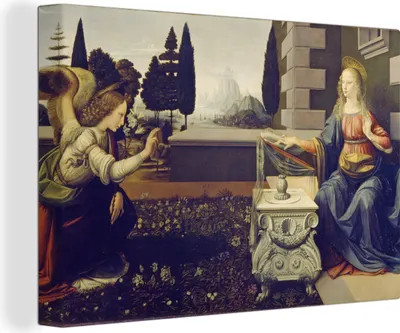 Obrázek produktu pro OneMillionCanvasses® - Obrazy na plátně - 140x90 cm, Zvěstování - Leonardo da Vinci, Nástěnné umění tisk Nástěnná dekorace - Fotografie na plátně - Obraz na dřevěném rámu